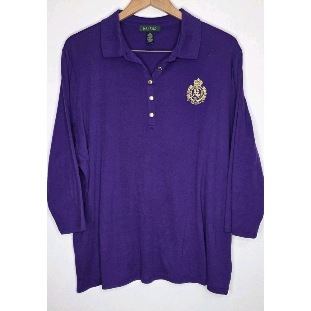 Lauren Ralph Lauren Polo Shirt Crest Purple Women 2X 3/4 Button Casual Cotton